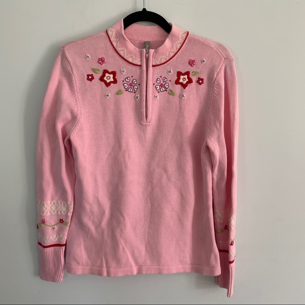Hanna Andersson Pink Floral Embroidered Zip-Neck Sweater